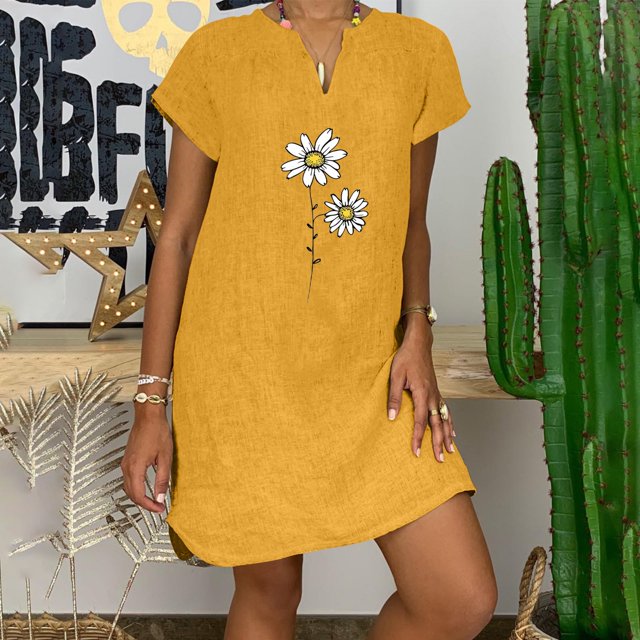FcBaudy Robes d'Été pour Femmes, Robes pour Femmes, Jupe pour Femmes Mode Féminine Ample Loisirs Col en V Manches Courtes Robes d'Été Robe pour Femmes