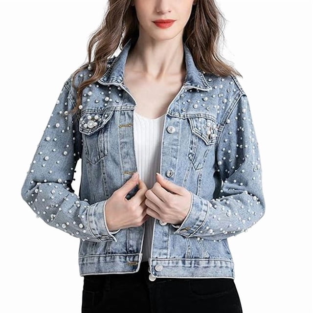 Veste en Denim Perlée pour Femme, Courte, avec Strass, Veste en Jean, Manteau Bleu Pâle L