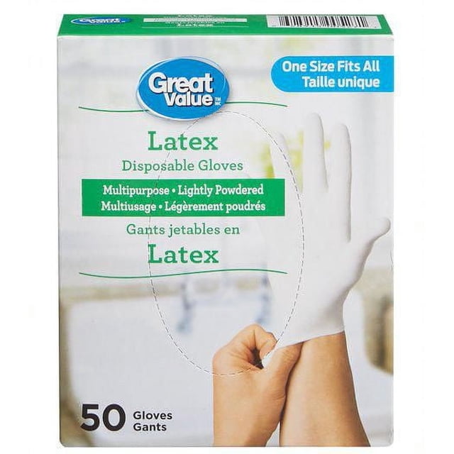 Great Value Latex Disposable Gloves box showing a hand putting on a white, lightly powdered latex glove, containing 50 multipurpose gloves in one size fits all, suitable for personal protective equipment and various tasks.