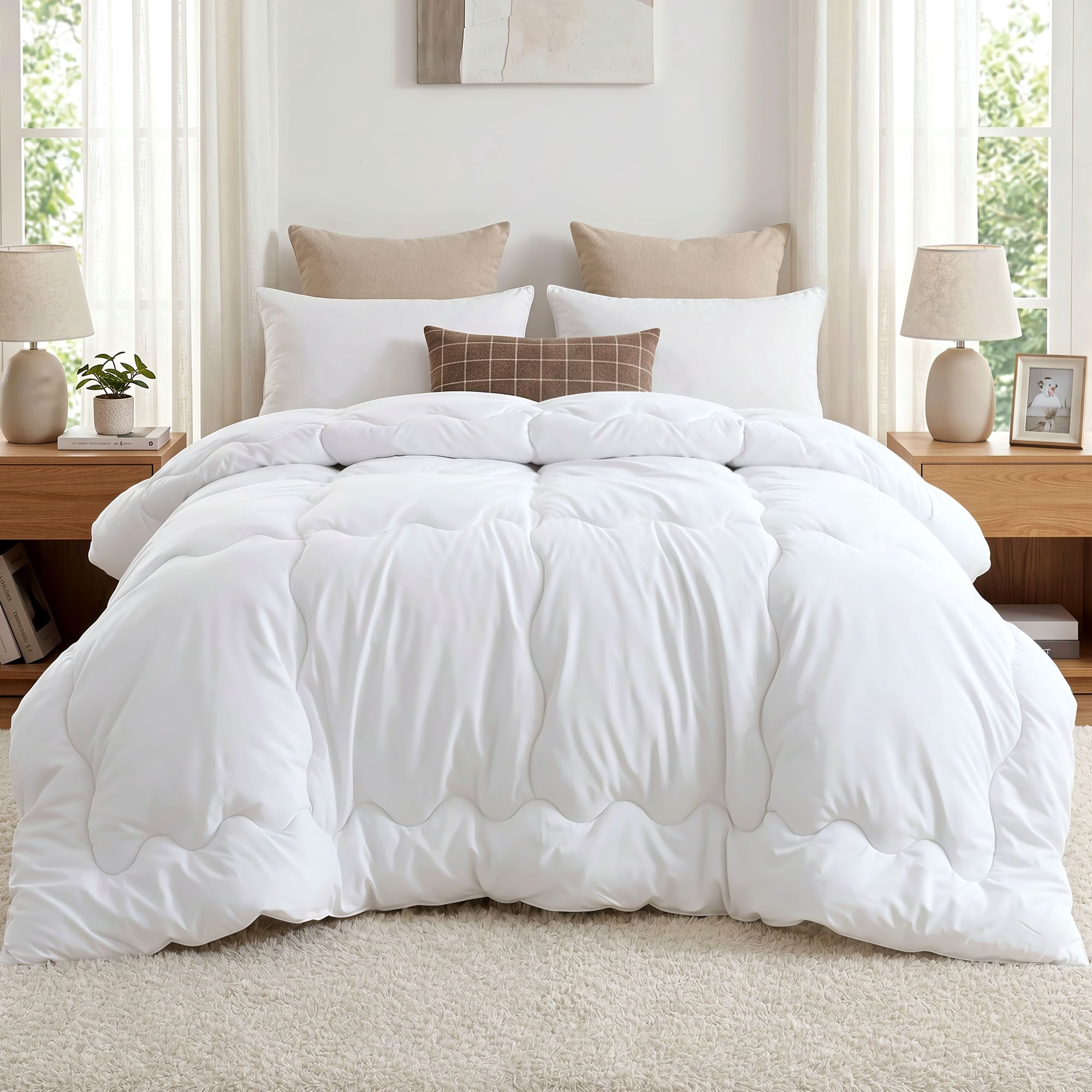 MARNUR Queen Comforter Duvet Insert, 300GSM All Season Down Alternative Cooling Bedding, Soft & Silent Brushed Fabric with 8 Corner Tabs, Machine Washable, White