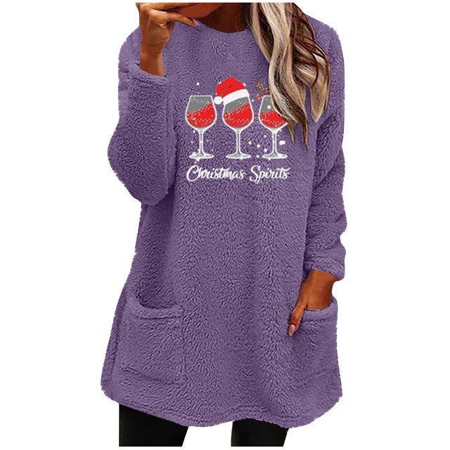 Pisexur Fuzzy Chandails de Noël pour Femmes Doublés en Molleton à Manches Longues à Col Rond Chandail d'Hiver Chaud Imprimé Verres de Vin Rouge Chandail de Noël à Enfiler Hauts avec Poches