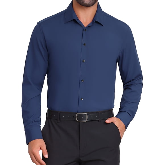 INSPIRE CHIC Men's Solid Color Button Down Long Sleeves Stretch Business Dress Shirt M Navy Blue