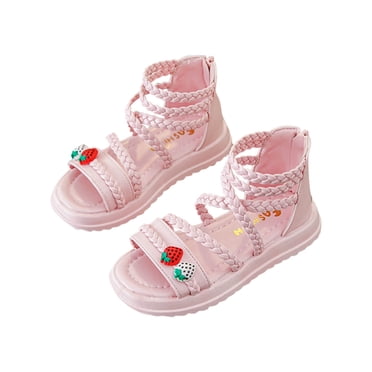 LOVZFMLL Sandales pour Petites Filles Fraise Princesse Robe Ballerines Semelle Souple pour l'Été Tout-Petits et Enfants de 3 à 13 Ans Bout Ouvert à Glissière Rose 8-9 Ans