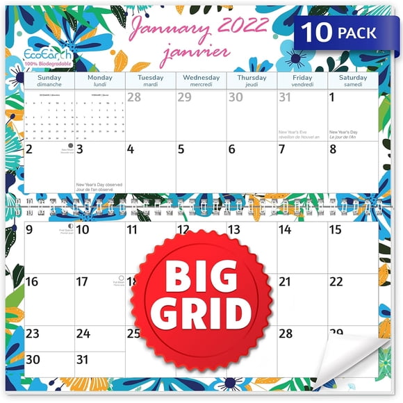 SURJDE Canadian 18-Month Wall Calendar, 100% Biodegradable 11x17 Inch (Open), Canadian Holidays in English & French, Jul 2023-Dec 2024 Patterned Monthly Calendar, by