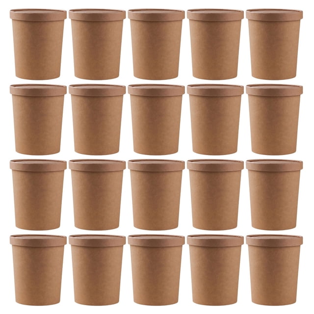 25 Sets Disposable Kraft Paper Soup Cups Soup Buckets Porridge Cups with Lid for Storage
