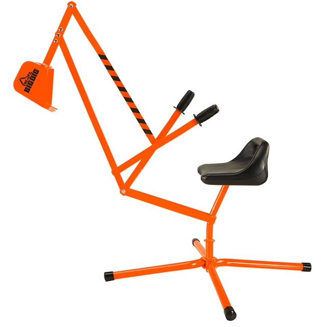 The Big Dig Special Edition Sand Digger Excavator in orange, featuring a 360-degree rotating seat, two-handed controls, and a sturdy metal frame with a wide base. Designed for children aged 3 and up, it supports up to 110 pounds and is suitable for digging sand, moving dirt, or shoveling snow. The contoured seat and durable construction make it ideal for outdoor play in backyards, beaches, or playgrounds.