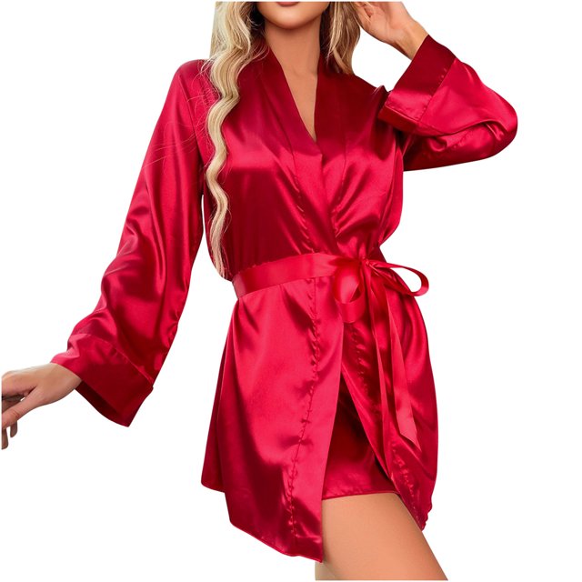 Yuyuzo Ensembles de Pyjamas en Satin pour Femmes, Cardigans à devant Ouvert avec Ceinture et Dentelle, Robe de Nuit à Col en V Profond, Peignoirs