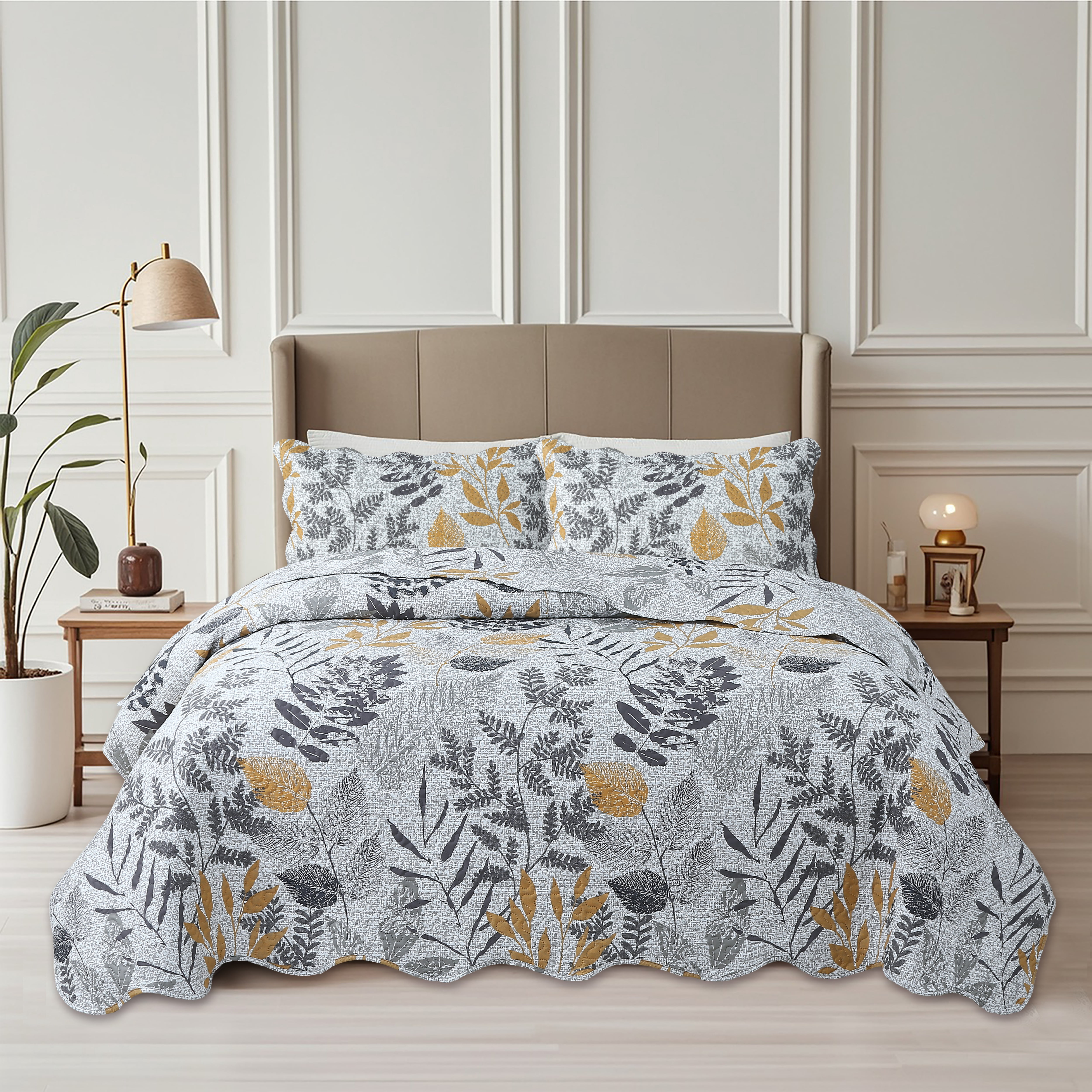 Literie Pinsonic pour chambre à coucher, ultra douce, 3 pièces, motif de feuilles grises et jaunes en relief, avec 2 taies d'oreiller assorties. Taille Queen/Full