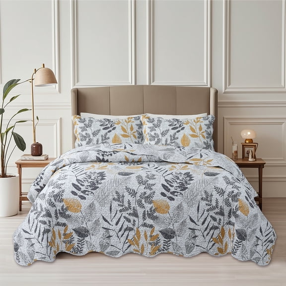 Marina Decoration Home Bedroom Pinsonic Bedding Coverlet Bedspread Ultra Soft 3 Piece Summer Embossed Printed Quilt Set with 2 Embossed Shams, Modern Grey Yellow Leaves Pattern King Size