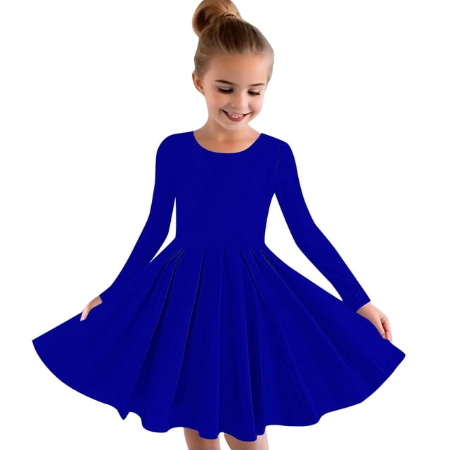 MeetoTime Robe de Performance pour Filles à Manches Longues, Couleur Unie, Col Rond, Extensible, Robe de Récital Scolaire, 4-14 Ans, Vêtements pour Enfants