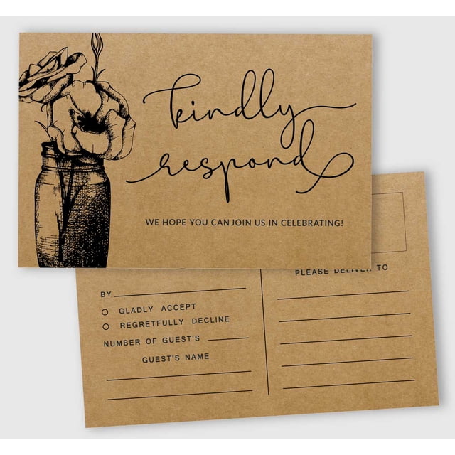Inkdotpot RSVP Postcards (Set Of 50) 4"X6" Blank With Mailing Side,RSVP Reply Response Cards For Wedding Floral Kraft Script Style Print Return Cards