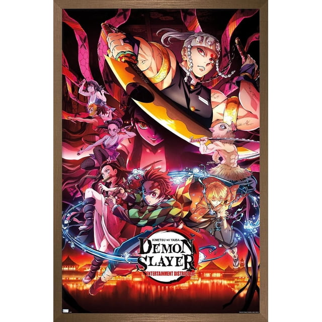 Demon Slayer - Affiche Murale Key Visual 1, 22,375 Po x 34 Po Représentant des Personnages d'Anime du Quartier des Divertissement avec des poses Dynamiques, des Effets d'Énergie Vibrants et des costumes Détaillés, dans un Quartier Japonais Traditionnel Lumineux la Nuit, Convient à la Déco Murale.