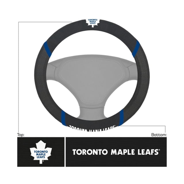 NHL Toronto Maple Leafs Steering Wheel Cover, 15-inch diameter black faux suede and mesh with blue accents, embroidered team logo on top and team name on bottom, designed for grip and comfort in most cars and trucks.