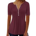 thumbnail image 2 of LSLJS Womens T Shirts Women's Fashion Casual Round Neck Pleated Solid Color Button Top Blouse, 2 of 5