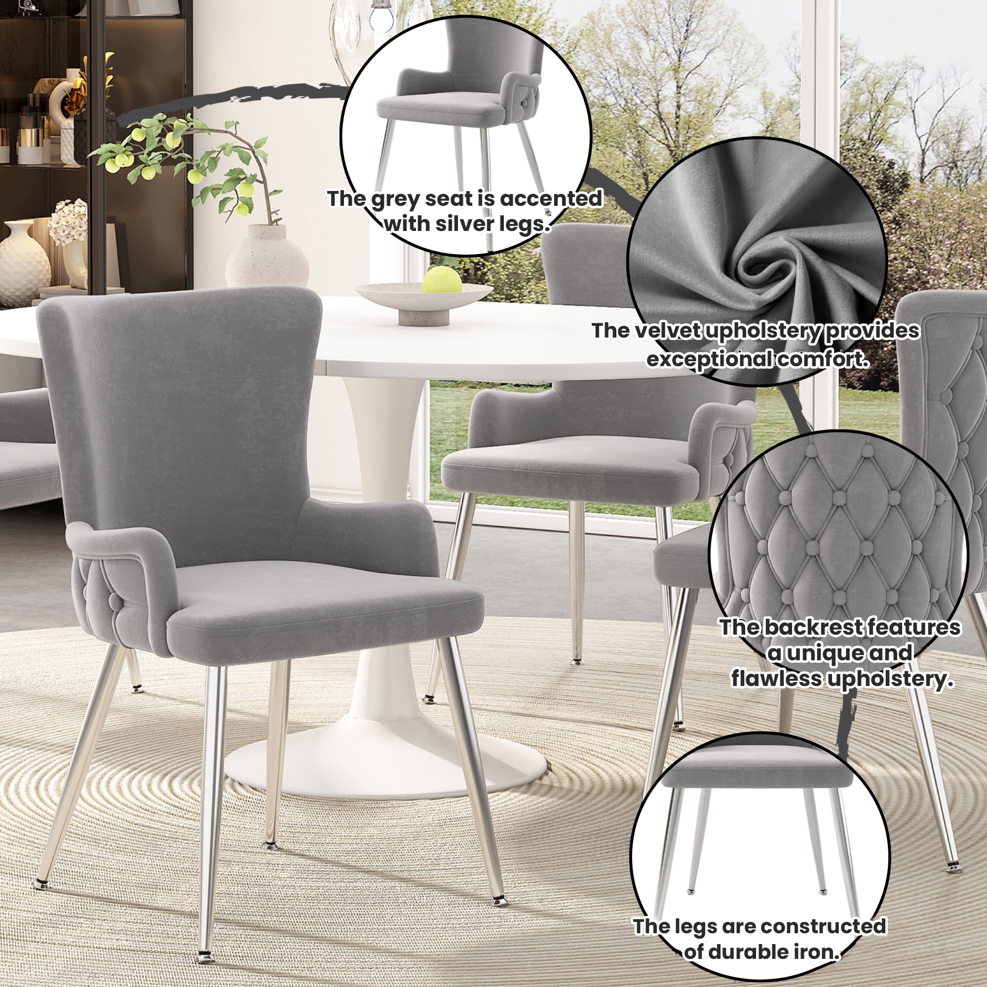 Noble House Ensemble de Salle à Manger Pcs, Table Ronde Extensible Blanche pour –6 avec Chaises en Velours, Pieds en Métal Dor