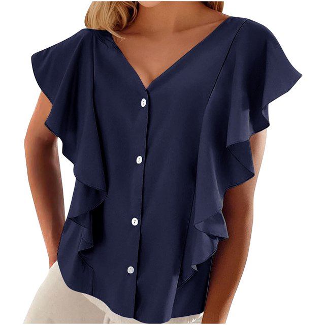 Timegard Summer Tops for Women V Neck Ruffle Cap Sleeve Chiffon Lightweight Button up Shirts Loose Casual