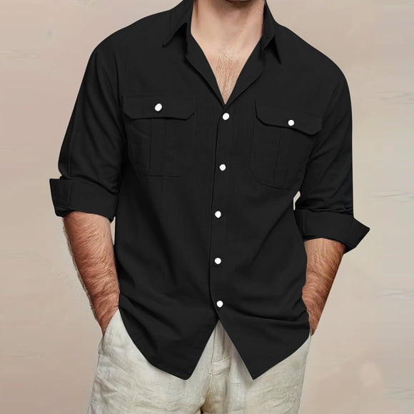 Gspmoly Tshirts Shirts for Men, Men'S Vintage Casual Pocket Solid Color Button Lapel Fashion Long Sleeve Shirt. Men Top Clearance Items