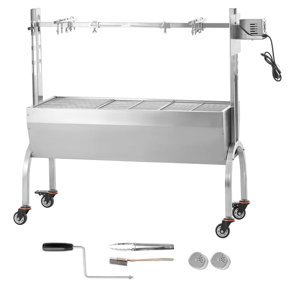 KFFKFF Charcoal Spit Grill for BBQ, Suitable for Whole Pig, Lamb, Goat, 46 Inch, 132 Lbs Load, Includes 52W Electric Motor, Stainless Steel Outdoor Roaster with Wheels that Lock, Ideal for Camping