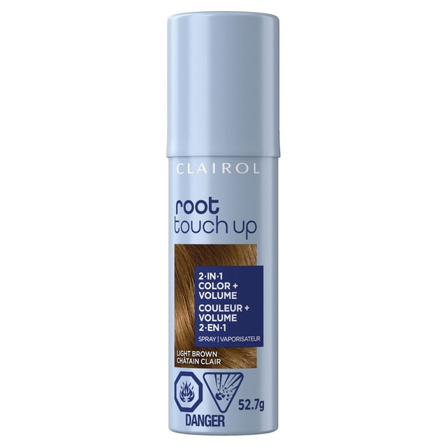 Clairol Root Touch-Up Temporary Spray 2in1: 100% gray coverage and volume boost front-facing aerosol can with Clairol branding; temporary root color and micro-volumizer formula (ColorFill Technology) for instant gray coverage and added volume; directions noted: shake well, hold 6 in (15 cm) from hair, spray evenly, let dry 60 seconds. Often used for quick salon touch-ups or refreshing hair extensions between colorings.