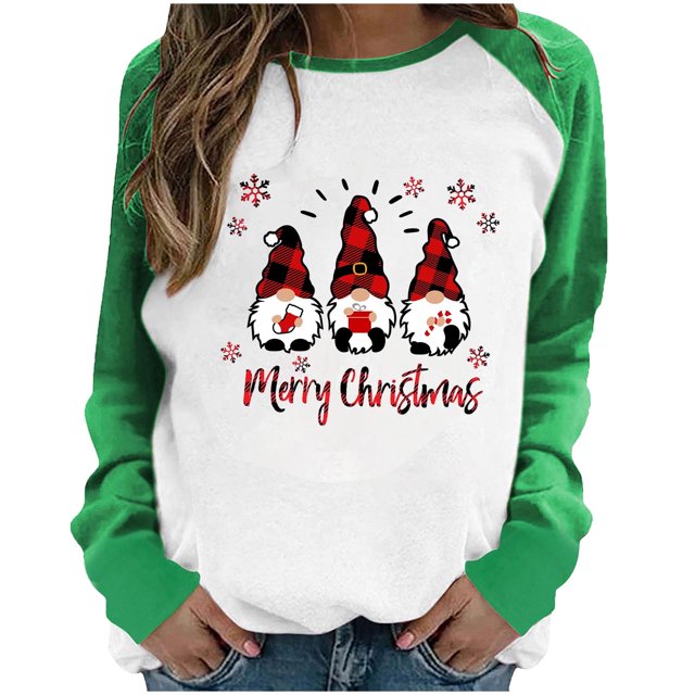 RKSTN Chandail pour Femmes de Noël à Col Rond, Chandail Imprimé du Père Noël, Manches Longues, Blouse Régulière à Empiècements
