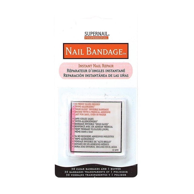 Super Nail Nail Bandage Instant Nail Repair packaging featuring 30 clear adhesive nail bandages and a cushioned emery board. The product is designed for instant repair of cracked or broken nails, offering a high-gloss, hypoallergenic finish that lasts for days, even in water. The packaging includes multilingual text and highlights its no-mess application.