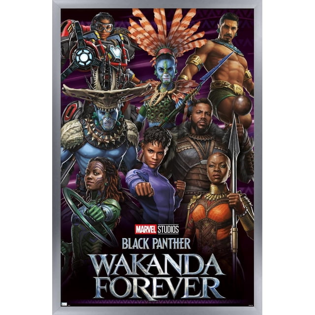 Marvel Black Panther : Wakanda Forever - Affiche Murale de Groupe Mettant en Vedette Sept Personnages en costumes Tribaux et Futuristes Détaillés sur Fond Géométrique Violet Foncé, avec le logo des Marvel Studios et le Titre Wakanda Forever, Convenant à l'Art Mural et à la Déco des Fans.