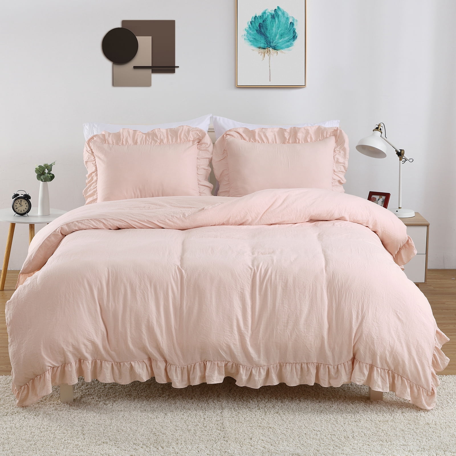 3 Pieces Duvet Cover Queen Size, Microfiber Ruffled Duvet Cover Set Soft and Breathable,Pink