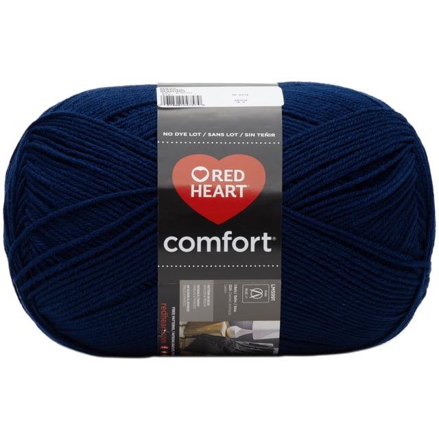 Red Heart® Comfort® Yarn, Solid, Acrylic #4 Medium, 16oz/454g, 867 Yards in navy blue, a large skein of worsted weight acrylic yarn with a black label featuring the Red Heart logo and care instructions, suitable for knitting and crochet projects including throws and blankets.