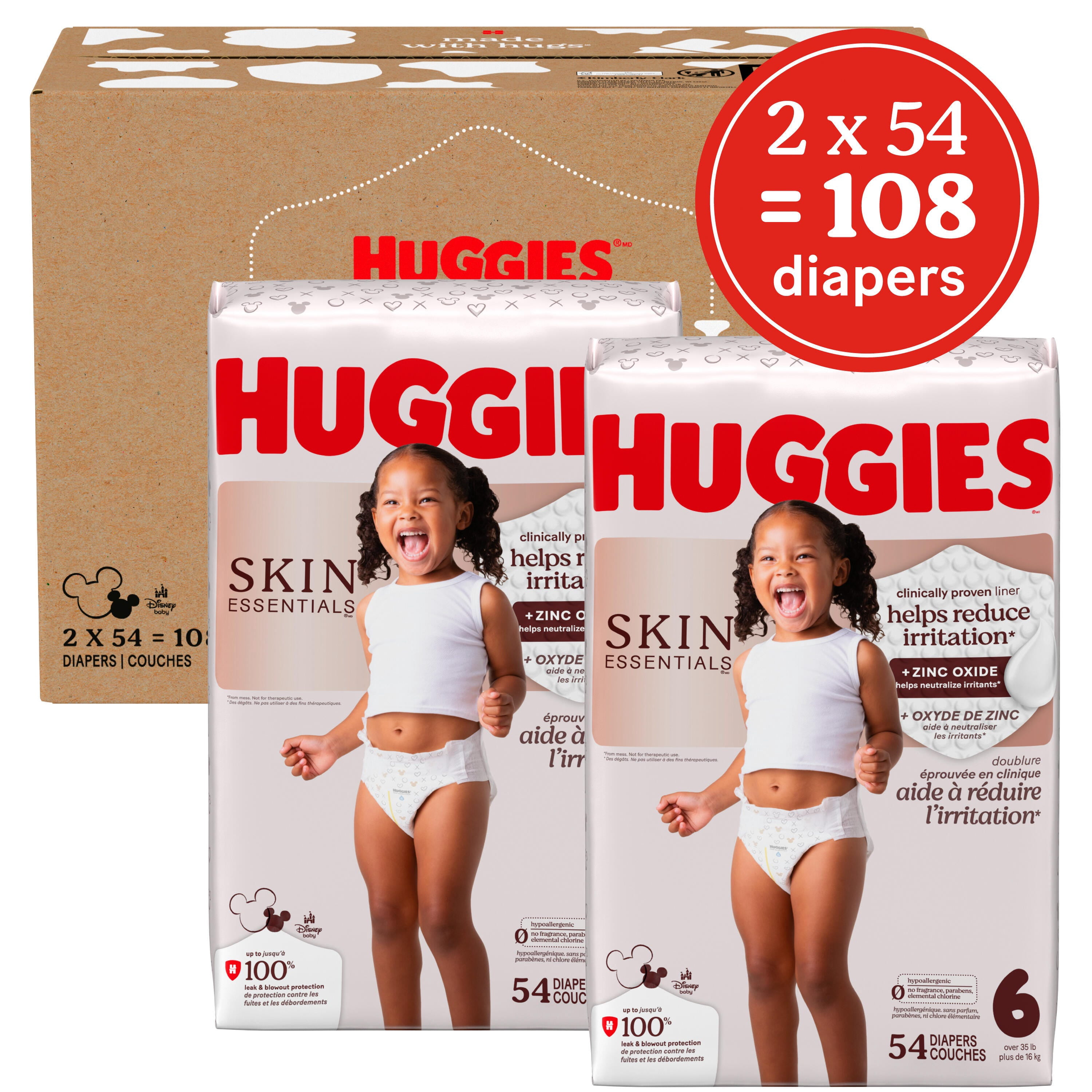 Couches pour bébé Huggies Skin Essentials, taille 6 (35+ lb), 108 couches
