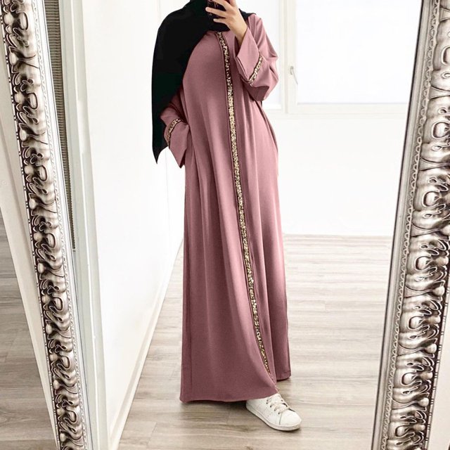 Robes pour Femmes 2025 Élégantes Élégantes Couleur Unie Manches Longues Bouffantes Col Rond Maxi Robe Soleil Décontractée Musulmane Rose m