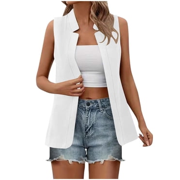 Summer Blazer Suit Vest Jacket Woman Sleeveless Open Front Cardigan Dressy Casual Business Office Workwear (Medium, White)