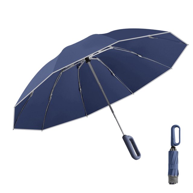 yeacher Automatic Reverse Folding Umbrella with Carabiner Handle - 10 Reinforced Fiberglass Ribs, Windproof, Durable, Compact & Portable for Travel - Navy Blue
