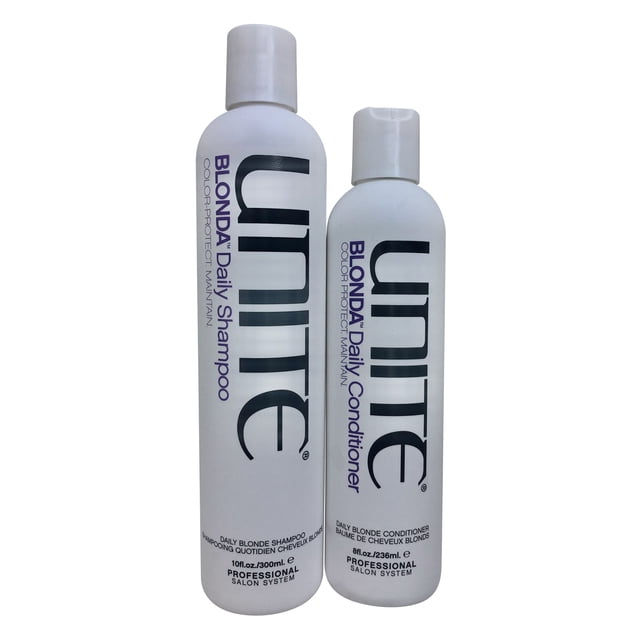 Unite Blonda Daily Shampoo 10 OZ and Blonda Daily Conditioner 8 OZ set displayed side by side. The shampoo bottle is taller, featuring bold black and purple text on a white background, while the conditioner bottle is shorter with matching design elements. Both bottles are labeled as professional salon system products for blonde hair care, suitable for toning and enhancing shine. Paraben-free and sodium chloride-free formula.