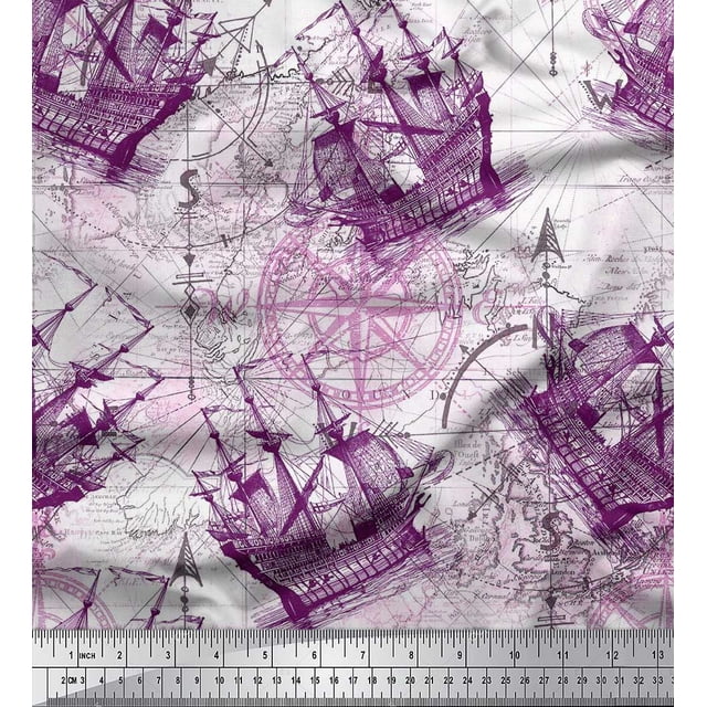 Soimoi Tissu Satin Modal Boussole de Navigation et de Direction Décor Nautique Tissu Imprimé au Yard 42 Pouces de Large