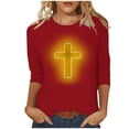 thumbnail image 1 of RKSTN Hauts pour Femmes Mode Décontractée Imprimé Crucifix Col Rond Manches 3/4 T-Shirt Couleur Unie Ajusté Blouse Printemps Été, 1 of 4