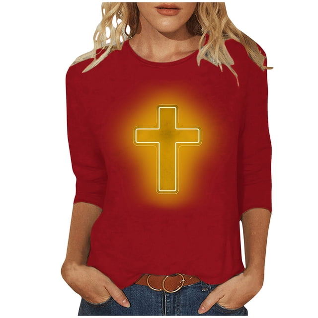 RKSTN Hauts pour Femmes Mode Décontractée Imprimé Crucifix Col Rond Manches 3/4 T-Shirt Couleur Unie Ajusté Blouse Printemps Été