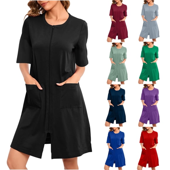 Lcziwo Womens Short Sleeve Nightgown Zip Up Lightweight Casual Bathrobe Soft Knee Length Plain Housecoat with Pocket Purple,L