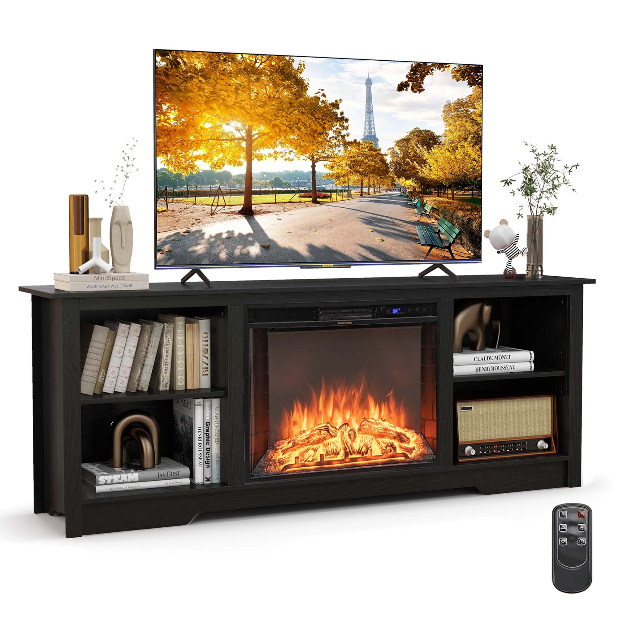 Costway 70" TV Stand avec Cheminée Électrique 26" Insert Télécommande pour 75" TV Noir