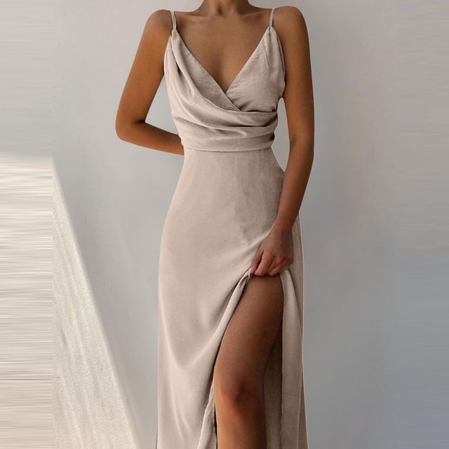 Meichang Robes d'Été Aguichant Portefeuille pour Femmes 2024 Été Sans Manches Longue Robe Moulante Décolleté en V Profond Robes Plissées Fente Boîte de Nuit Fête Soirée Robe Maxi