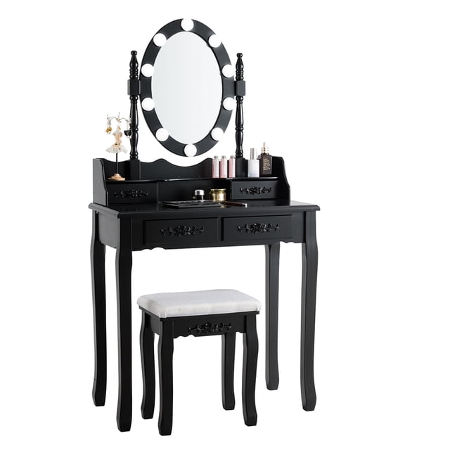 Costway Coiffeuse à 4 Tiroirs Table de Maquillage avec 10 Ampoules à Intensité Réglable et Interrupteur Tactile Noir