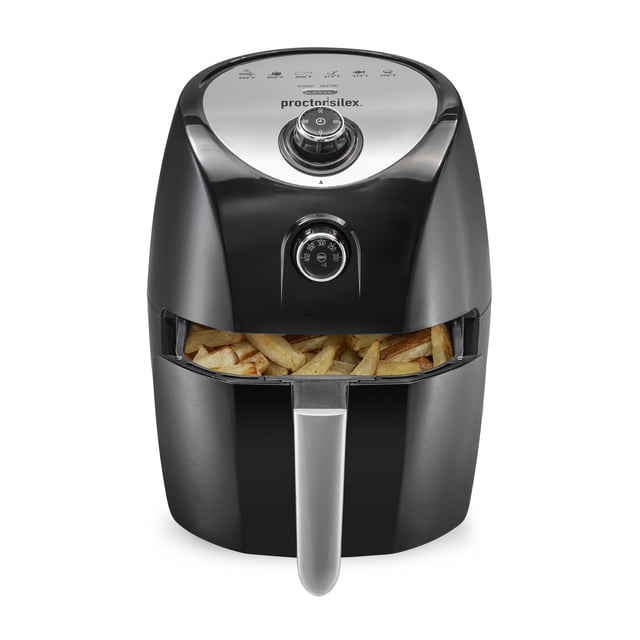 Proctor Silex Air Fryer, 1.5 Liter Capacity, Black with a front-facing view showing the open nonstick basket filled with cooked fries, featuring a black and silver control panel with adjustable temperature dial and 30-minute timer, ideal for small meals and oil-free cooking, also suitable for quickly crisping vegetables and snacks.