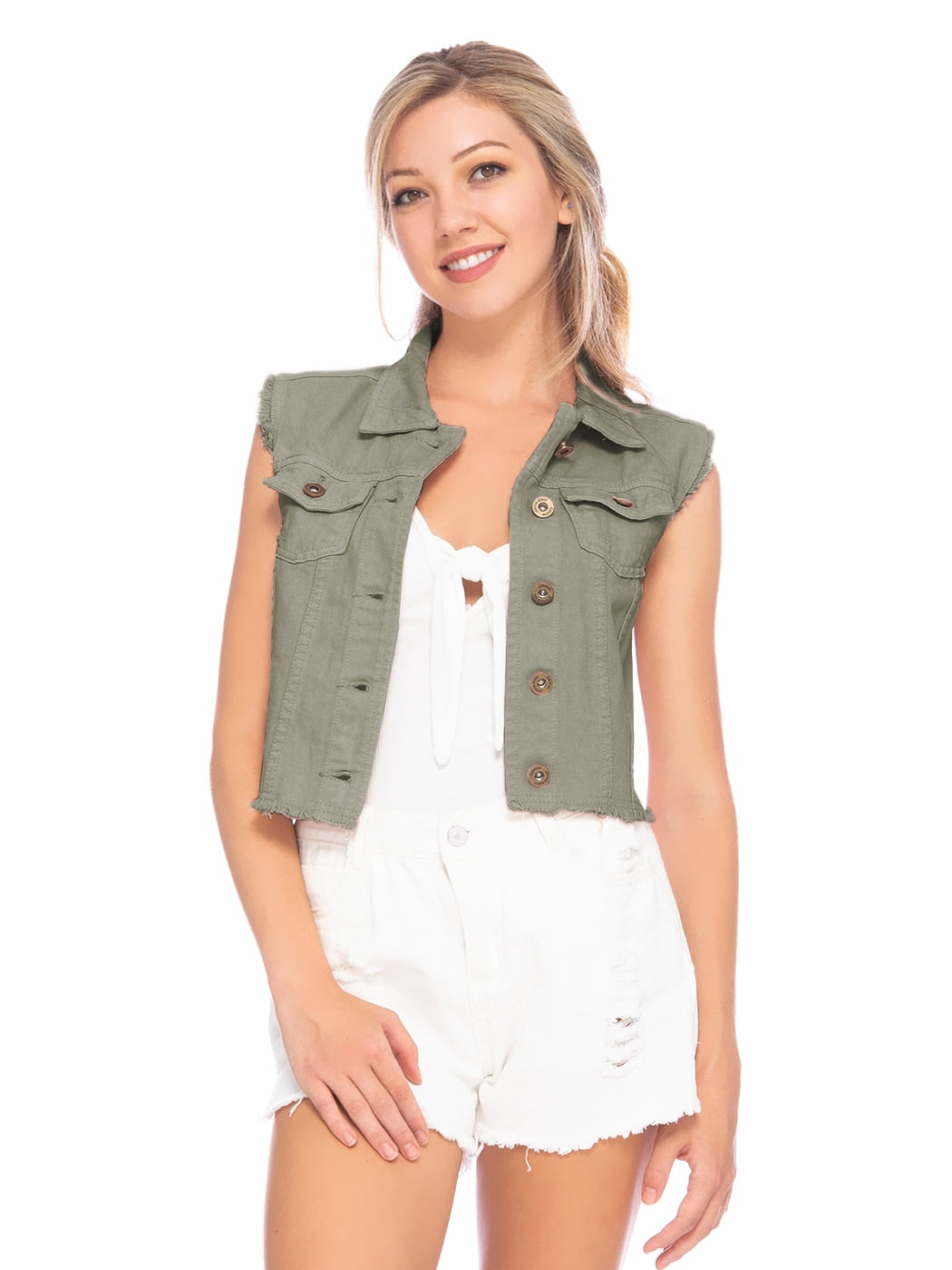 Womens Distressed Denim Button Up Sleeveless Crop Vest, Olive Green, Small