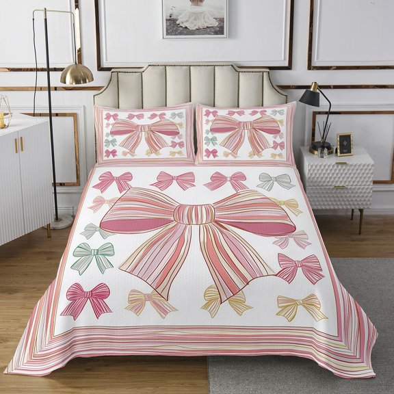 YST Simple Bow Knot Bedspread Set Twin Size, Cartoon Kawaii Soft Luxury Quilt Set, Cute Bows Ribbon Printed Kids Adults Bedspread & Coverlet Sets For Bedroom, Pink Green Colorful Bedding Set