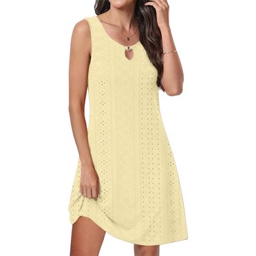 Meichang Robes Décontractées pour Femmes, Robes d'Été en Broderie Anglaise pour Femmes à Goutte, Encolure Dégagée, Sans Manches, Mini Robes Unies Amples et Fluides, Robes Soleil Blanches TG