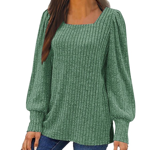 Meichang Puff Long Sleeve Shirts for Women Plus Size Square Neck Ribbed Knit Tops Solid Loose Fit Side Slit Hem Blouses Spring Trendy Women Tunic Tops