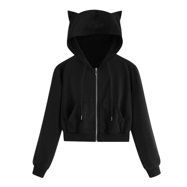 Chandail à Capuchon pour Femmes à Manches Longues, Uni, avec Fermeture Éclair et Poche, en Noir. Ce Chandail à Coupe Ample Présente une Longueur Courte, des Manches Longues et une Capuche avec accents d'Oreilles de Chat. Fabriqué en polyester durable, Il Comprend une Fermeture Éclair avant et Deux Poches avant. Convient aux Tenues Décontractées de Printemps, d'Automne et d'Hiver.