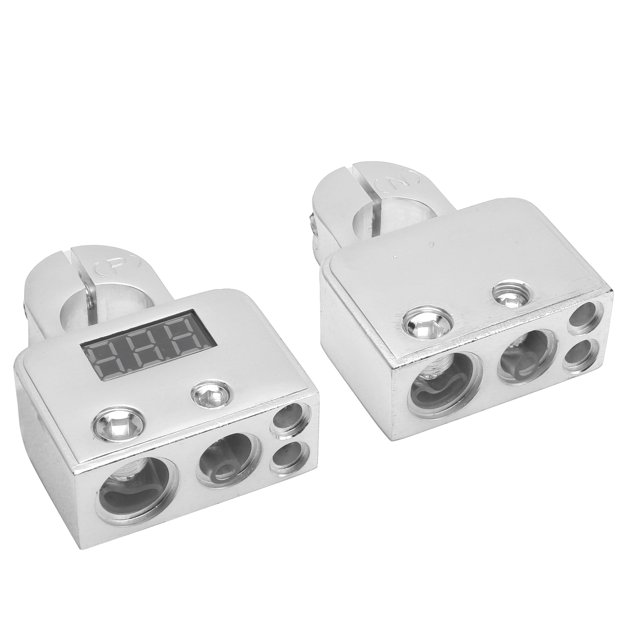 Car Battery Terminal Connectors Kit with Digital Voltmeter Display Standard 0 / 4 / 8 AWG Gauge for Vehicle Accessory