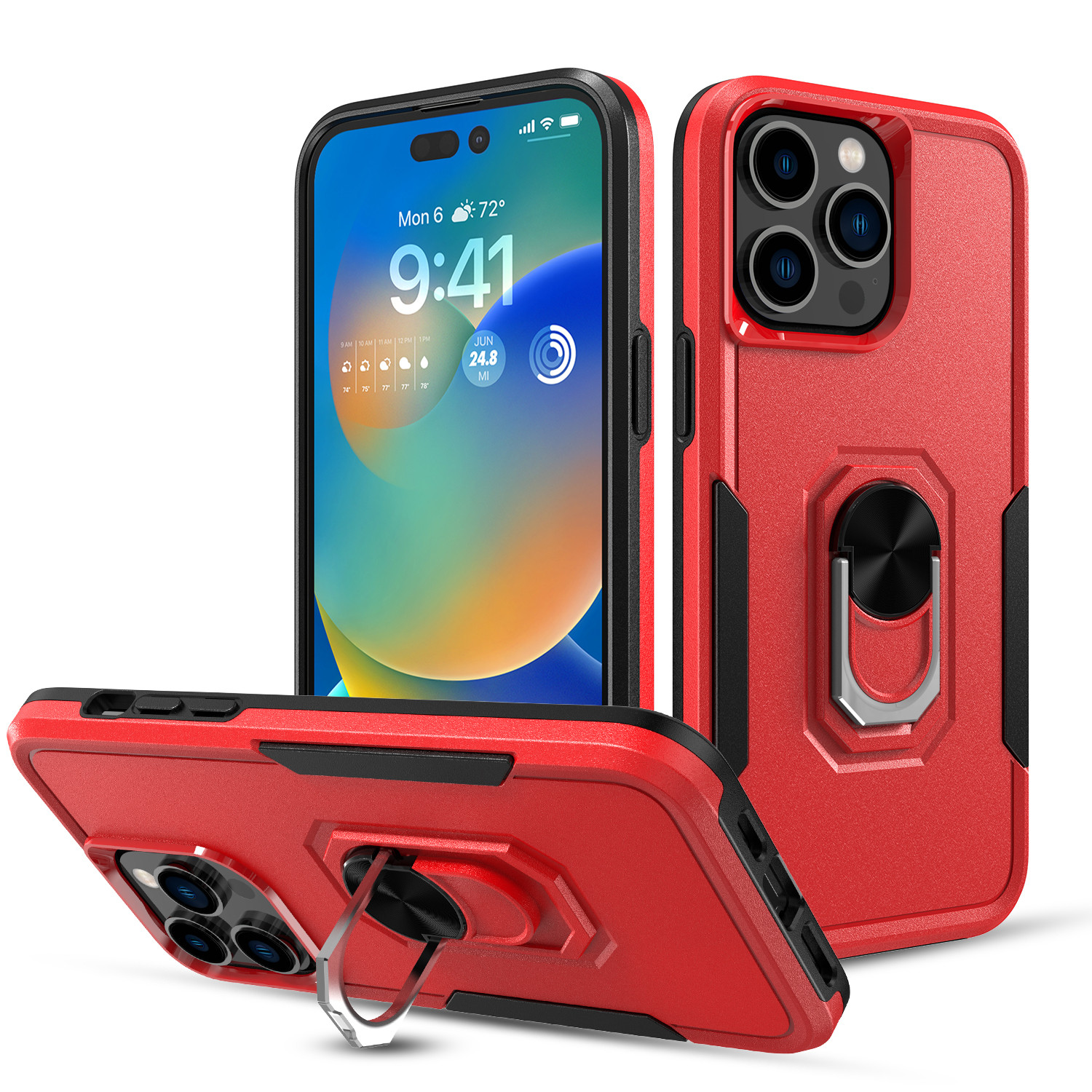 Htwon Compatible avec iPhone 14 Pro/ 13 Pro Étui Matériau PC Robuste Armure Militaire Antichoc avec Support de Voiture en Métal, Rouge