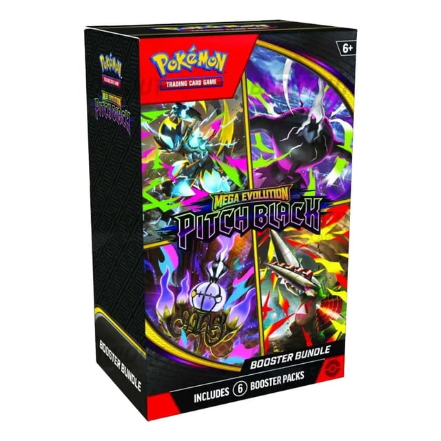 Pokemon Mega Evolution Pitch Black Booster Bundle Box front-facing view of a boxed booster bundle featuring artwork of Mega Darkrai ex, Mega Zeraora ex and Mega Chandelure ex; includes six booster packs (10 cards per pack), ideal for TCG players and collectors, often used to expand draft pools or starter collections.