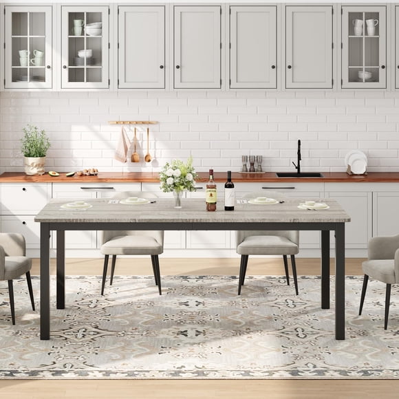 BeesClover Table à Manger Longue pour 6 Personnes, Grande Table de Cuisine Rectangulaire en Bois avec Pieds en Métal Robustes, Table de Salle à Manger Industrielle Moderne avec Coin Arrondi